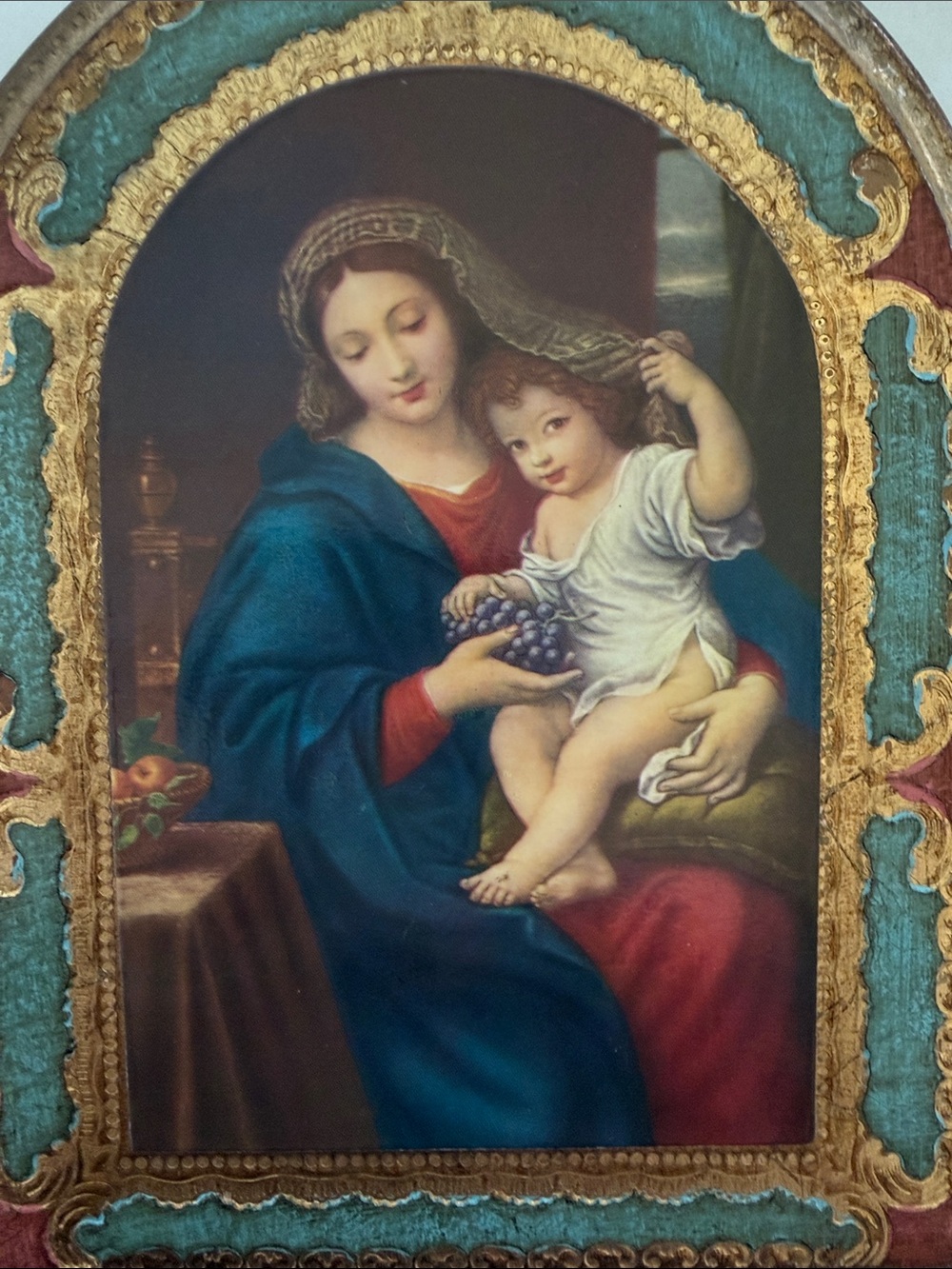 Italian Florentine Wooden Plaque “Madonna of the Grapes” Made in Italy - Picture 2 of 5